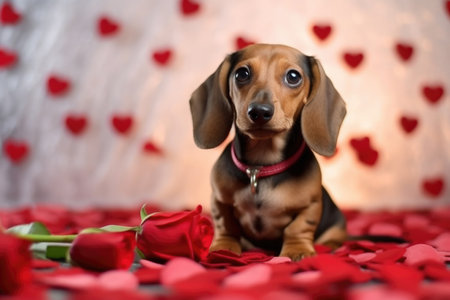 Watch as puppy love blossoms in this charming scene where our adorable canine friend sits amidst the delicate beauty of red roses. The expressive eyes of the puppy add a touch of tenderness to this delightful moment, making it a captivating representation of the sweet and affectionate bond between pets and flowers.の素材