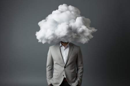 Step into the complexity of a conceptual business world with our image featuring a businessman surrounded by a thick fog, symbolizing the challenges of brainstorming and the struggle with a lack of ideas. Navigating through mental uncertainties, this image encapsulates the essence of creative exploration.の素材