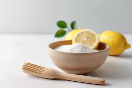 Step into a realm of green cleaning solutions with our captivating image featuring the dynamic combination of sliced lemon and baking soda. This eco-friendly concept revolutionizes household maintenance, ensuring a natural and fresh approach to cleaning appliances, dishes, and kitchen surfaces.の素材
