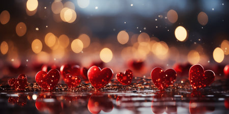 Celebrate heartfelt moments with our image, showcasing abstract bokeh lights adorned with shiny red hearts. The enchanting atmosphere created by this visual masterpiece adds a touch of magic to your creative projects.の素材