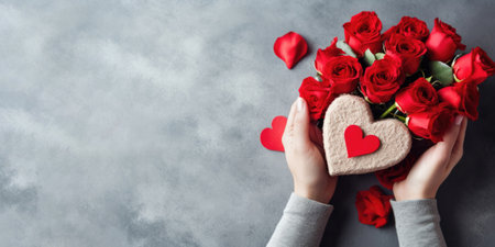 Experience the beauty of love captured in a single moment with our image of hands delicately holding a red heart and a bouquet of beautiful red roses. This evocative representation perfectly encapsulates the sentiments of affection, care, and the joyous celebration of love, making it an ideal image for expressing your heartfelt emotions on special occasions like Valentine's Day. The vibrant red blooms and meaningful gestures create a memorable visual language of love and romance, symbolizing the blooming connection shared between two hearts.の素材