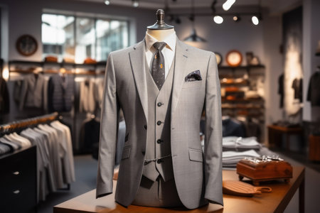 Step into a world of sartorial elegance with our captivating image featuring a classic three-piece suit showcased on a mannequin in a luxury men's fashion store. Explore the epitome of tailored sophistication and discover the timeless charm of this elegant ensemble.の素材