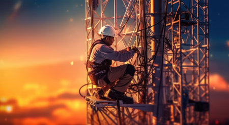 Witness the mastery of High-Tech Heights as a technical worker ascends a telecommunications tower, meticulously repairing and maintaining modern technological equipment. A display of skill at the intersection of altitude and expertise.の素材