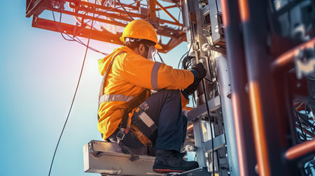 Climbing Connectivity captures the essence of telecommunication tower technical service, emphasizing the dedication and proficiency required for maintaining and repairing crucial components of our communication networks.の素材
