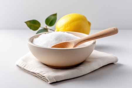 Experience the magic of a clean and fresh kitchen environment with our visual ode to natural cleaning. Sliced lemon and baking soda, strategically placed together, create a delightful concept for maintaining household appliances, dishes, and kitchen surfaces.の素材