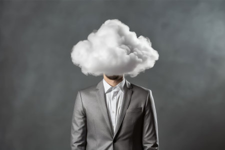 Enter the realm of creative standstill with our image capturing a businessman enclosed in a cloud of brainstorming fog. The visual metaphor highlights the struggles of a creative mind grappling with the challenges of generating innovative ideas.の素材