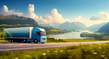 Our modern freight truck cruises along the highway, symbolizing the commitment to reliable and swift delivery services. Join us on the road to efficient logistics.の素材