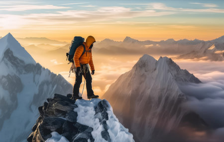 Embark on an alpine conquest as the equipped climber reaches the top of a mountain, showcasing triumph in the face of extreme challenges. This image portrays the essence of outdoor exploration and mountaineering success against snowy terrains.の素材