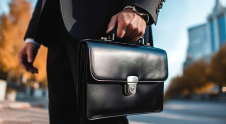 Cityscape Executive presents a dynamic image of a businessman with a stylish briefcase in hand, set against the urban backdrop of buildings in the business district. A fusion of modernity and professionalism in the corporate environment.の素材