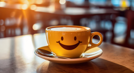 An emotive elixir awaits in this delightful image presenting a yellow saucer with a smiling face emoticon on a coffee cup. Set against the backdrop of a blurred cafe, this scene captures the essence of a cheerful coffee shop ambiance, making every sip a moment of pure enjoyment.の素材