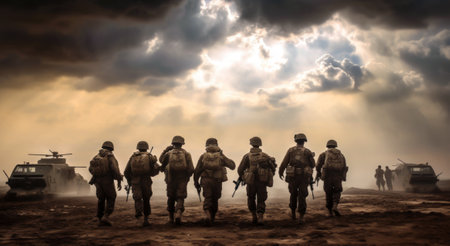 Immerse yourself in the action as soldiers engage in an anti-terrorist operation, showcasing their determination and tactical skills. The silhouettes of military equipment and soldiers in combat create a powerful scene, highlighting their commitment to counter-terrorism and protect against potential threats.の素材