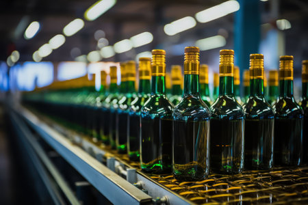 Witness the precision of winemaking with Precision in Every Pour, showcasing the automated wine bottling process on the production conveyor belt. Experience excellence in crafting every bottle with this state-of-the-art production system.の素材