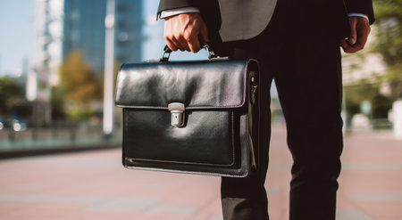 Explore metropolitan success with this portrayal of a businessman navigating the business center with a stylish briefcase in hand. The cityscape reflects the achievements and corporate prowess of this individual in the contemporary business world.の素材