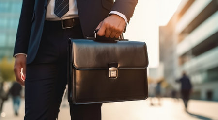 Witness urban professionalism at its best as this successful businessman showcases his executive style, holding a stylish briefcase in hand. The blurred city background reflects the dynamic and fast-paced nature of the corporate world.の素材