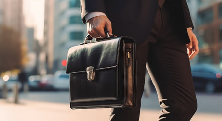 Dive into downtown professionalism with this image capturing the essence of a successful businessman against a blurred city background. The urban setting symbolizes the corporate achievements and business style of the modern executive.の素材