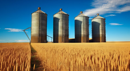 Discover the synergy of rural storage with this image featuring bulk feed tanks and silos gracefully situated against the breathtaking backdrop of a golden wheat field. A harmonious blend of agricultural infrastructure and natural beauty, capturing the essence of efficient farming.の素材