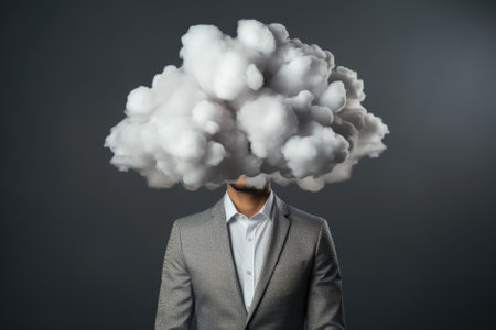 Embark on a journey through the complexities of the business mind with our conceptual image showcasing a businessman in a business suit surrounded by a fog of creative uncertainty. Witness the struggle and innovation that arise when faced with the challenges of idea generation.の素材