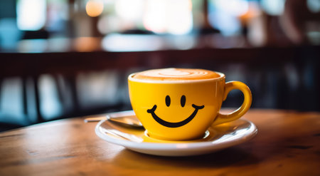 Indulge in a sip of happiness with this vibrant image showcasing a coffee cup and saucer in yellow, complete with a charming smiling face emoticon. The blurred cafe background adds to the cozy atmosphere, making it the perfect setting for a moment of relaxation and positive vibes.の素材