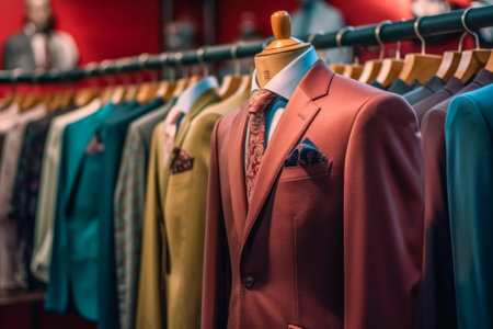Immerse yourself in the world of tailored sophistication as you gaze upon this stylish classic suit elegantly presented in a tailoring salon. The image captures the essence of refined fashion, offering a glimpse into the craftsmanship and attention to detail that defines the art of bespoke tailoring.の素材