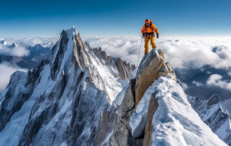Immerse yourself in climbing majesty as the equipped climber reaches the top heights of a mountain, showcasing determination and triumph. This image captures the beauty of snowy landscapes and the thrill of alpine adventure.の素材
