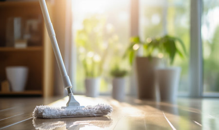 Get a glimpse of domestic cleaning tools in action - mop and bucket ensuring a tidy home. This image embodies the importance of housekeeping and the use of effective floor care solutions.の素材