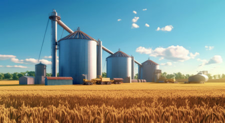 Witness the innovation in crop management as silos gracefully occupy the wheat background. This image showcases the intersection of technology and agriculture, bringing forth the importance of efficient grain processing and farming solutions.の素材