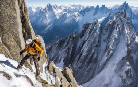 Celebrate the climber's snowy summit victory as they embrace the triumph of overcoming extreme challenges. The image captures the essence of icy heights, winter wonderland, and the satisfaction of climbing achievement.の素材