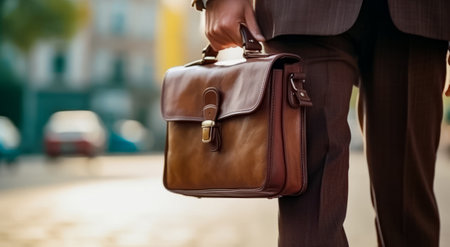 Experience corporate elegance with this image of a businessman in the heart of the city, holding a stylish briefcase. The modern business center serves as a fitting backdrop for his professional demeanor and success in the corporate world.の素材