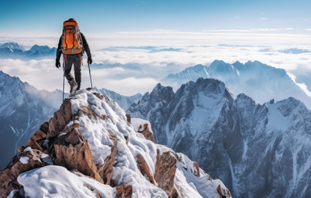 Experience the thrill of conquering summits as the climber triumphs in snowy landscapes. This image showcases the equipped climber's victory and the challenge of reaching new heights in alpine terrain.の素材