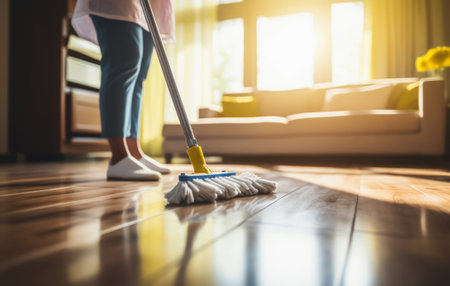 Discover the essentials of maintaining a clean home with the modern apartment floor care tools - mop and bucket. This image showcases the dedication to domestic cleanliness and a well-kept living space.の素材