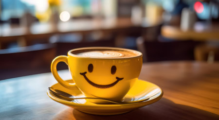 Start your day with a touch of joy. This image features a yellow coffee cup adorned with a smiling face emoticon, creating a delightful morning ritual. The blurred cafe background sets the scene for a warm and cheerful beverage experience, inviting you to embrace the day ahead.の素材