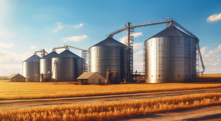 Embark on a journey through grain storage excellence with this captivating image. Silos and bulk feed tanks stand tall against the verdant beauty of a farming scene, symbolizing the crucial role of storage facilities in agricultural productivity and crop management.の素材