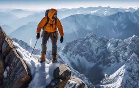 Experience the climber's victory on a snowy summit as they reach new heights with determination and skill. This image encapsulates the thrill of conquering peaks and the breathtaking beauty of snowy mountain landscapes.の素材