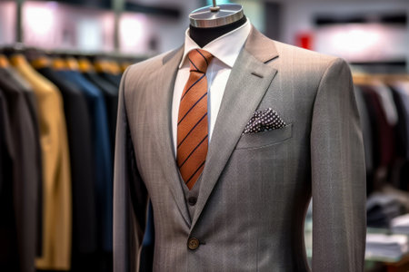 Discover the epitome of sartorial excellence with this image capturing a bespoke business suit on a mannequin in a fashion atelier. The classic design and meticulous tailoring showcase the artistry and dedication that goes into creating individualized clothing for those who appreciate true style.の素材
