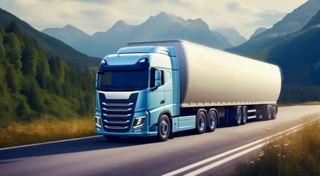 Explore the efficiency of our delivery service as our modern truck glides along the highway, ensuring your goods reach their destination securely and on time.の素材