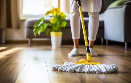 Explore the concept of wet cleaning in a tidy living space with the floor mop and bucket. This image captures the essence of house maintenance and the effort invested in keeping a clean and hygienic home.の素材