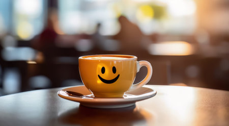 Experience the joy of coffee culture with this captivating image of a coffee cup featuring a smiling face emoticon. The blurred cafe background adds a touch of urban lifestyle, creating a casual yet inviting setting for a delightful coffee break. Embrace the cheerful vibes in every cup.の素材