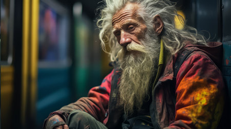 A poignant portrayal of urban struggles unfolds in this candid shot, revealing the unnoticed pain of an elderly homeless man at a subway station. Amidst the hustle of public transport, this image speaks volumes about the challenges faced by our aging population.の素材