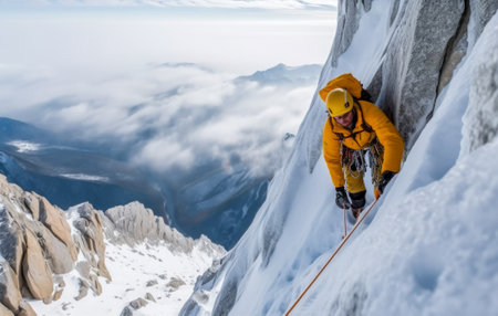 Feel the high-altitude thrill as a climber faces the winter majesty of snow-covered peaks. This image encapsulates the extreme sportsmanship and adventure spirit of conquering heights in cold weather conditions.の素材