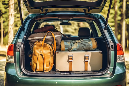 Experience the mobile life captured in this image, showcasing suitcases and bags strategically placed in the open trunk of a car. It speaks to the essence of a dynamic lifestyle, always ready for the next exciting adventure.の素材