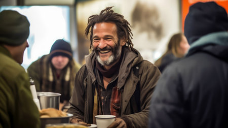 Volunteer feasts unfold as homeless individuals gather in a spirit of camaraderie, sharing meals and spreading joy in a community canteen filled with warmth and friendship.の素材