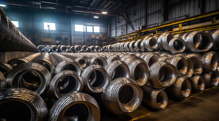 Visit the production site for storing finished steel wire products, packaged, twisted into spools and coils.の素材