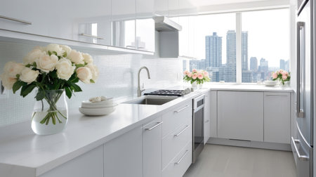 Escape into culinary luxury in this sleek white kitchen, surrounded by the breathtaking panorama of the city. The modern design and large window bring together comfort and contemporary aesthetics for a truly enchanting experience.の素材