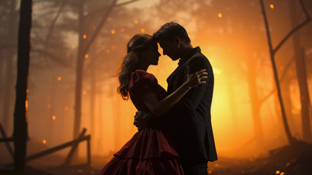 Experience the magic of love as this young couple passionately dances amidst nature's beauty, sharing hugs, kisses, and joyful moments that define the essence of their romantic connection.の素材