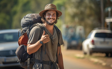 Delve into the nomadic lifestyle as a backpacker votes on the side of the road, choosing the path less taken and embodying the essence of adventure in hitchhiking.の素材