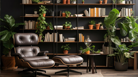 Indulge in the refined ambiance of this modern library, featuring cozy armchairs that invite you to explore a world of books. The stylish design and comfortable setting create an intellectual haven for both learning and relaxation.の素材