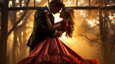 Join this young couple on a dance of pure romance against the scenic backdrop of nature, where hugs, kisses, and carefree moments create a canvas of love and happiness.の素材