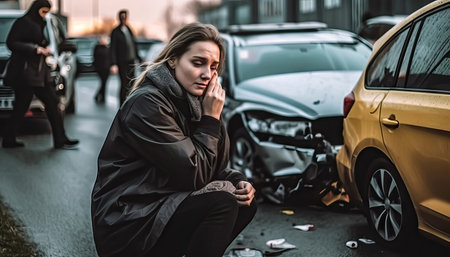 The reality of an auto incident is laid bare in this image, featuring a woman sitting next to her damaged car. Explore the nuances of the unexpected and the emotional journey it entails.の素材