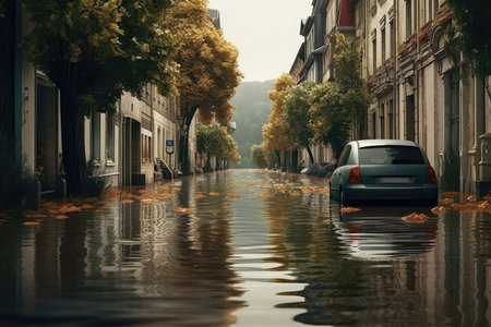 Navigating the aftermath of a flood in a European city, this image spotlights a car submerged in waterlogged streets. Dive into the challenges faced by urban communities during flood recovery and the essential measures for building resilient cities.の素材