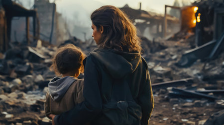 Witness the resilience of the human spirit as a woman and child navigate the aftermath of a military conflict. Standing amidst ruins, they embody strength in the face of adversity and rebuilding for a better future.の素材